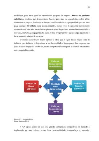 28
estabelecer, pode haver perda de rentabilidade por parte da empresa. Ameaça de produtos
substitutos, produtos que desempenhem funções parecidas ou equivalentes podem afetar
diretamente a empresa, limitando os lucros e também reduzindo a prosperidade que um setor
pode alcançar. Rivalidade entre os concorrentes, muitas vezes é o principal determinante
competitivo do mercado, não se limita apenas ao preço do produto, mas também em relação a
inovação, marketing, propaganda etc. Desta forma, o vigor coletivo destas forças determina o
lucro potencial máximo de um setor.
O modelo descrito por Porter defende a ideia que o vigor dessas forças varia de
indústria para indústria e determinam a sua lucratividade a longo prazo. Em empresas nas
quais as cinco forças são favoráveis, muitos competidores conseguem excelentes rendimentos
sobre o capital investido.
Figura 07: 5 forças de Porter
Fonte: Autores (2014)
A GN aposta como um dos seus grandes diferenciais competitivos no mercado a
implantação de seus valores, como ética, sustentabilidade, transparência e inovação,
 