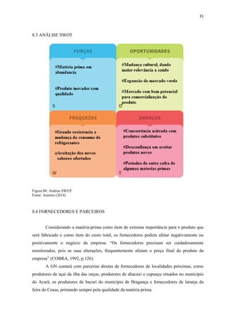 31
8.3 ANÁLISE SWOT
Figura 08: Análise SWOT
Fonte: Autores (2014)
8.4 FORNECEDORES E PARCEIROS
Considerando a matéria-prima como item de extrema importância para o produto que
será fabricado e como item do custo total, os fornecedores podem afetar negativamente ou
positivamente o negócio da empresa. “Os fornecedores precisam ser cuidadosamente
monitorados, pois as suas alterações, frequentemente afetam o preço final do produto da
empresa” (COBRA, 1992, p.126).
A GN contará com parcerias diretas de fornecedores de localidades próximas, como
produtores de açaí da ilha das onças, produtores de abacaxi e cupuaçu situados no município
do Acará, os produtores de bacuri do município de Bragança e fornecedores de laranja da
feira do Ceasa, primando sempre pela qualidade da matéria prima.
 
