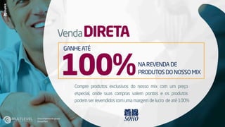 VendaDIRETA
NAREVENDADE
PRODUTOSDONOSSOMIX
GANHEATÉ
100%Compre produtos exclusivos do nosso mix com um preço
especial, onde suas compras valem pontos e os produtos
podemserrevendidoscomumamargemdelucro deaté100%
Umaempresadogrupo
SisnacMed
 