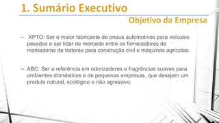 – XPTO: Ser o maior fabricante de pneus automotivos para veículos
pesados e ser líder de mercado entre os fornecedores de
montadoras de tratores para construção civil e máquinas agrícolas.

– ABC: Ser a referência em odorizadores e fragrâncias suaves para
ambientes domésticos e de pequenas empresas, que desejam um
produto natural, ecológico e não agressivo.

 