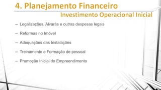 – Legalizações, Alvarás e outras despesas legais
– Reformas no Imóvel
– Adequações das Instalações
– Treinamento e Formação de pessoal
– Promoção Inicial do Empreendimento

 