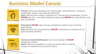 Clientes: Devem ser agrupados por necessidades, relacionamentos, interesses,
lucratividade, região ou por canal de distribuição
Ação: Descreva seus clientes, classifique-os, entenda suas necessidades, o que é
VALOR para eles, o que estão dispostos a pagar pelo VALOR que você oferece e com
qual lucratividade.
Proposta de VALOR: Algo que seja necessário ao cliente e que a empresa
pode oferecer
Ação: Descreva seu produto/serviço (VALOR), classifique-os e associe com os
tipos de clientes definidos

Canais de Venda (Distribuição): Como sua proposta de VALOR
achega até o cliente
Ação: Descreva e classifique os canais de venda, defina o ciclo de
compra e a experiência de compra do cliente

 