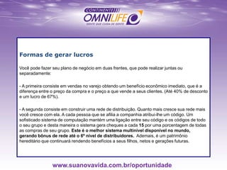 Formas de gerar lucros
Você pode fazer seu plano de negócio em duas frentes, que pode realizar juntas ou
separadamente:
- A primeira consiste em vendas no varejo obtendo um benefício econômico imediato, que é a
diferença entre o preço da compra e o preço a que vende a seus clientes. (Até 40% de desconto
e um lucro de 67%).
- A segunda consiste em construir uma rede de distribuição. Quanto mais cresce sua rede mais
você cresce com ela. A cada pessoa que se afilia a companhia atribui-lhe um código. Um
sofisticado sistema de computação mantém uma ligação entre seu código e os códigos de todo
o seu grupo e desta maneira o sistema gera cheques a cada 15 por uma porcentagem de todas
as compras de seu grupo. Este é o melhor sistema multinível disponível no mundo,
gerando bônus de rede até o 6º nível de distribuidores. Ademais, é um patrimônio
hereditário que continuará rendendo benefícios a seus filhos, netos e gerações futuras.
www.suanovavida.com.br/oportunidade
 