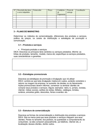 Nº Descrição dos itens
a seres adquiridos
Fornecedor Preço Condições
de
Pagamento
Prazo de
entrega
Localização
3 – PLANO DE MARKETING
Determinar os métodos de comercialização, diferenciais dos produtos e serviços,
política de preços, os canais de distribuição e estratégias de promoção e
comunicação.
3.1 – Produtos e serviços
 Principais produtos e serviços
DICA: Descreva os principais itens vendidos ou serviços prestados. Informe as
linhas de produtos, tamanho, modelo, marca etc; especifique os serviços prestados,
suas características e garantias.
3.2 – Estratégias promocionais
Descreva as estratégias de promoção e divulgação que irá utilizar
DICA: Lembre-se que toda divulgação implica em custos, portanto considere o
retorno na imagem da empresa, no aumento de clientes ou do faturamento.
Ações promocionais devem informar, convencer ou lembrar clientes de
comprar seus produtos e serviços. Alguns exemplos: rádio, tv, jornais, revistas,
internet, mídias sociais, cartões de visitas, folhetos, catálogos, brindes,
sorteios, amostras grátis, descontos, feiras e eventos etc.
3.3 – Estrutura de comercialização
Descreva as formas de comercialização e distribuição dos produtos e serviços
DICA: São os meios para que seus produtos e serviços cheguem aos seus
clientes. Pense no tamanho dos pedidos, na quantidade e comportamento do
consumidor, se eles compram pessoalmente, por telefone, internet etc, a
localização desses clientes, dentre outros.
 