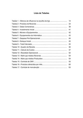 8
Lista de Tabelas
Tabela 1 – Motivos de influencia na escolha da loja .................................... 14
Tabela 2 - Produtos de Revenda .................................................................. 33
Tabela 3 - Datas Comerativas....................................................................... 38
Tabela 4 - Investimento Inicial ...................................................................... 41
Tabela 5 - Moveis e Equipamentos .............................................................. 42
Tabela 6 - Equipamentos de Informática ...................................................... 43
Tabela 7 - Despesa Pré-Operacionais ......................................................... 44
Tabela 8 - Estoque Inicial ............................................................................. 45
Tabela 9 – Total Calculado ........................................................................... 45
Tabela 10 - Quadro de Receita .................................................................... 46
Tabela 11 - Calculo de Custos ..................................................................... 47
Tabela 12 - Resultado Operacional .............................................................. 52
Tabela 13 - Mark-ups médios Revenda ....................................................... 54
Tabela 14 - Mark-ups médios Produzidos .................................................... 54
Tabela 15 - Controle de CMV ....................................................................... 55
Tabela 16 - Produtos oferecidos por mês..................................................... 60
Tabela 17 - Controle de manutenção ........................................................... 63
 