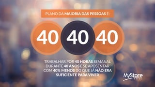 PLANO DA MAIORIA DAS PESSOAS É:
TRABALHAR POR 40 HORAS SEMANAL
DURANTE 40 ANOS E SE APOSENTAR
COM 40% MENOS DO QUE JÁ NÃO ERA
SUFICIENTE PARA VIVER
 