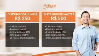 R$ 250 R$ 500
DISTRIBUIDOR JUNIOR DISTRIBUIDOR MASTER
• 1 Kit de produtos
• Escritório virtual
• Indicação Direta 10%
• 10% Binário (25 PT)
• 25 Pontos plano de carreira
• 2 Kit de produtos
• Escritório virtual
• Indicação direta 10%
• 20% Binário (50 PT)
• 50 Pontos plano de carreira
 