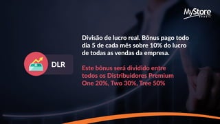 DLR
Divisão de lucro real. Bônus pago todo
dia 5 de cada mês sobre 10% do lucro
de todas as vendas da empresa.
Este bônus será dividido entre
todos os Distribuidores Premium
One 20%, Two 30%, Tree 50%
 