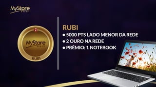 RUBIRUBI
RUBI
● 5000 PTS LADO MENOR DA REDE
● 2 OURO NA REDE
● PRÊMIO: 1 NOTEBOOK
 