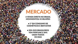 ● VENDA DIRETA NO BRASIL
MOVIMENTOU 45 BILHÕES
● 1° EM CONSUMO DE
COSMÉTICOS E BEM ESTAR
● 90% DOS BRASILEIROS
TEM PERFUME E 84%
USAM TODOS
OS DIAS
MERCADO
 
