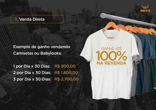 Venda Direta
Exemplo de ganho vendendo
Camisetas ou Babylooks:
1 por Dia x 30 Dias:
2 por Dia x 30 Dias:
3 por Dia x 30 Dias:
1
R$ 900,00
R$ 1.800,00
R$ 2.700,00
GANHEA
TÉ
100%
NA REVENDA
 