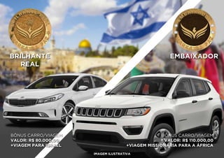 BÔNUS CARRO/VIAGEM
VALOR: R$ 80.000,00
+VIAGEM PARA ISRAEL
BÔNUS CARRO/VIAGEM
VALOR: R$ 110.000,00
+VIAGEM MISSIONÁRIA PARA A ÁFRICA
BRILHANTE
REAL
EMBAIXADOR
IMAGEM ILUSTRATIVA
 