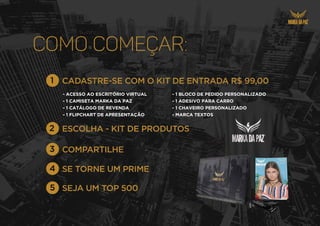 COMO COMEÇAR:
- ACESSO AO ESCRITÓRIO VIRTUAL
- 1 CAMISETA MARKA DA PAZ
- 1 CATÁLOGO DE REVENDA
- 1 FLIPCHART DE APRESENTAÇÃO
- 1 BLOCO DE PEDIDO PERSONALIZADO
- 1 ADESIVO PARA CARRO
- 1 CHAVEIRO PERSONALIZADO
- MARCA TEXTOS
 