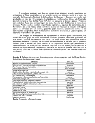 É importante destacar que diversas cooperativas possuem grande quantidade de
entrepostos e filiais espalhadas em um grande número de cidades, como é o caso, por
exemplo, da Cooperativa Regional de Cafeicultores de Guaxupé – Cooxupé, que recebe café
produzido em mais de 100 municípios localizados nas regiões sul de Minas, alto Paranaíba
(cerrado mineiro) e Vale do Rio Pardo (SP). Em sua estrutura, a Cooxupé possui 17 núcleos
com estrutura física para armazenagem de café, depósito para fertilizantes e mercadorias
diversas. Nestes núcleos existem engenheiros agrônomos, agentes de comercialização e
funcionários de apoio. Possui ainda 5 unidades avançadas nas quais o produtor pode operar
como se estivesse em um núcleo, podendo pedir insumos, assistência técnica e até
comercializar seu produto. Além destes núcleos e unidades avançadas, a Cooxupé possui um
escritório de exportação em Santos.
        Com relação aos fornecedores de equipamentos e insumos para a cafeicultura, que
constituem outro grupo de atores importantes na cadeia produtiva, verifica-se que estão, em
sua maioria, situados no estado de São Paulo. Em Minas Gerais são encontradas diversas
empresas pequenas. A atração de indústrias de equipamentos e insumos para a produção
cafeeira para o estado de Minas Gerais é um importante desafio que possibilitaria o
desenvolvimento de inovações em trabalhos conjuntos com as instituições de pesquisa e
redução de custos logísticos, aumentando a eficácia e a eficiência do setor como um todo. A
relação das principais indústrias de equipamentos e insumos para o café pode ser observada
no quadro 2.


Quadro 2: Relação de empresas de equipamentos e insumos para o café de Minas Gerais –
Indústrias e distribuidores principais
                               EMPRESA                              CIDADE
Agrimec Ind. de Implementos Agrícolas                             Três Pontas
Agronelli Ind. e Com. de Insumos Agropecuários Ltda                 Uberaba
Asa Arruador Soprador Agrícola Ltda                              Monte Carmelo
Bayer Cropscience Ltda                                           Belo Horizonte
Bunge Fertilizantes S/A                                             Uberaba
Café Brasil Ind. Comércio, Importação e Exportação Ltda             Alfenas
DKM Ind. e Com. de Máquinas Agrícolas Ltda                       Belo Horizonte
Eco Insumos Agro - Pecuários Ltda                                 Pouso Alegre
Fert Minas Ind. e Comercio de Fertilizantes Foliares Ltda           Alfenas
Fertilizantes Heringer S/A                                       Três Corações
Fertilizantes Mitsui S/A Industria e Comercio                   Poços de Caldas
Fertipar Sudeste Adubos e Corretivos Agrícolas Ltda                 Varginha
Ind. e Com. de Máq. De Café Mangará Ltda                           Ouro Fino
Industrial Atilla Ltda                                             Manhuaçu
Lavadores Pimenta                                                 Elói Mendes
Plastro do Brasil S/A                                              Uberlândia
Santa Clara de Assis                                                Botelhos
Sul Mineira Comércio de Sacarias Ltda                               Varginha
TDI Máquinas Agrícolas Indústria e Comércio Ltda                    Araguari
VN Máquinas Ind. e Com. Ltda                                        Varginha
Yara Com. Industria                                               Três Pontas
Fonte: Entrevistas e fontes diversas




                                                                                        27
 