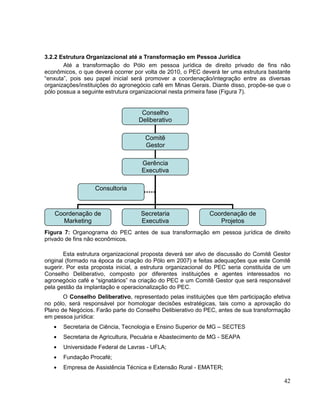 3.2.2 Estrutura Organizacional até a Transformação em Pessoa Jurídica
       Até a transformação do Pólo em pessoa jurídica de direito privado de fins não
econômicos, o que deverá ocorrer por volta de 2010, o PEC deverá ter uma estrutura bastante
“enxuta”, pois seu papel inicial será promover a coordenação/integração entre as diversas
organizações/instituições do agronegócio café em Minas Gerais. Diante disso, propõe-se que o
pólo possua a seguinte estrutura organizacional nesta primeira fase (Figura 7).


                                    Conselho
                                   Deliberativo

                                      Comitê
                                      Gestor

                                    Gerência
                                    Executiva

                   Consultoria



   Coordenação de                   Secretaria                Coordenação de
     Marketing                      Executiva                    Projetos
Figura 7: Organograma do PEC antes de sua transformação em pessoa jurídica de direito
privado de fins não econômicos.

        Esta estrutura organizacional proposta deverá ser alvo de discussão do Comitê Gestor
original (formado na época da criação do Pólo em 2007) e feitas adequações que este Comitê
sugerir. Por esta proposta inicial, a estrutura organizacional do PEC seria constituída de um
Conselho Deliberativo, composto por diferentes instituições e agentes interessados no
agronegócio café e “signatários” na criação do PEC e um Comitê Gestor que será responsável
pela gestão da implantação e operacionalização do PEC.
       O Conselho Deliberativo, representado pelas instituições que têm participação efetiva
no pólo, será responsável por homologar decisões estratégicas, tais como a aprovação do
Plano de Negócios. Farão parte do Conselho Delibierativo do PEC, antes de sua transformação
em pessoa jurídica:
       Secretaria de Ciência, Tecnologia e Ensino Superior de MG – SECTES
       Secretaria de Agricultura, Pecuária e Abastecimento de MG - SEAPA
       Universidade Federal de Lavras - UFLA;
       Fundação Procafé;
       Empresa de Assistência Técnica e Extensão Rural - EMATER;

                                                                                          42
 