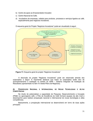 b) Centro de apoio ao Empreendedor-Inovador;
   c) Centro Nacional do Café;
   d)   Incubadora de empresas, voltada para produtos, processos e serviços ligados ao café,
        especialmente para negócios inovadores.


   O esquema geral do Projeto “Negócios Inovadores” pode ser visualizado à seguir.




   Figura 11: Esquema geral do projeto “Negócios Inovadores”


       A descrição do projeto “Negócios Inovadores” pode ser observada através dos
subprojetos a seguir. É importante destacar que todos os subprojetos serão alvo de
acompanhamento e avaliação no âmbito do SIAR – Sistema Integrado de Avaliação de
Resultados (apresentado no item 4.4 deste Plano de Negócios).


A)   PROSPECÇÃO       NACIONAL    E   INTERNACIONAL   DE   NOVAS   TECNOLOGIAS       E   ALTAS
COMPETÊNCIAS
      No intuito de potencializar a capacidade de Pesquisa, Desenvolvimento e Inovação
(PD&I) no agronegócio café, o Pólo de Excelência do Café formará equipes de alto nível e
desempenho para realizar prospecção nacional e internacional de novas tecnologias e altas
competências.
       Basicamente, a prospecção internacional se desenvolverá em torno de duas ações
principais:


                                                                                            51
 