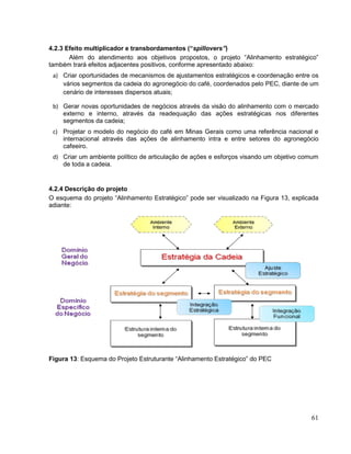 4.2.3 Efeito multiplicador e transbordamentos (“spillovers”)
       Além do atendimento aos objetivos propostos, o projeto “Alinhamento estratégico”
também trará efeitos adjacentes positivos, conforme apresentado abaixo:
 a) Criar oportunidades de mecanismos de ajustamentos estratégicos e coordenação entre os
    vários segmentos da cadeia do agronegócio do café, coordenados pelo PEC, diante de um
    cenário de interesses dispersos atuais;

 b) Gerar novas oportunidades de negócios através da visão do alinhamento com o mercado
    externo e interno, através da readequação das ações estratégicas nos diferentes
    segmentos da cadeia;
 c) Projetar o modelo do negócio do café em Minas Gerais como uma referência nacional e
    internacional através das ações de alinhamento intra e entre setores do agronegócio
    cafeeiro.
 d) Criar um ambiente político de articulação de ações e esforços visando um objetivo comum
    de toda a cadeia.


4.2.4 Descrição do projeto
O esquema do projeto “Alinhamento Estratégico” pode ser visualizado na Figura 13, explicada
adiante:




Figura 13: Esquema do Projeto Estruturante “Alinhamento Estratégico” do PEC




                                                                                        61
 