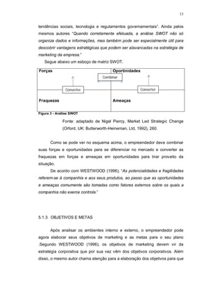 17
tendências sociais, tecnologia e regulamentos governamentais”. Ainda pelos
mesmos autores “Quando corretamente efetuada, a análise SWOT não só
organiza dados e informações, mas também pode ser especialmente útil para
descobrir vantagens estratégicas que podem ser alavancadas na estratégia de
marketing da empresa.”
Segue abaixo um esboço de matriz SWOT.
Forças Oportinidades
Fraquezas Ameaças
Figura 3 - Análise SWOT
Fonte: adaptado de Nigel Piercy, Market Led Strategic Change
(Orford, UK: Butterworth-Heineman, Ltd, 1992), 260.
Como se pode ver no esquema acima, o empreendedor deve combinar
suas forças e oportunidades para se diferenciar no mercado e converter as
fraquezas em forças e ameaças em oportunidades para tirar proveito da
situação.
De acordo com WESTWOOD (1996), “As potencialidades e fragilidades
referem-se à companhia e aos seus produtos, ao passo que as oportunidades
e ameaças comumente são tomadas como fatores externos sobre os quais a
companhia não exerce controle.”
5.1.3 OBJETIVOS E METAS
Após analisar os ambientes interno e externo, o empreendedor pode
agora elaborar seus objetivos de marketing e as metas para o seu plano
.Segundo WESTWOOD (1996), os objetivos de marketing devem vir da
estratégia corporativa que por sua vez vêm dos objetivos corporativos. Além
disso, o mesmo autor chama atenção para a elaboração dos objetivos para que
Combinar
Converter Converter
 