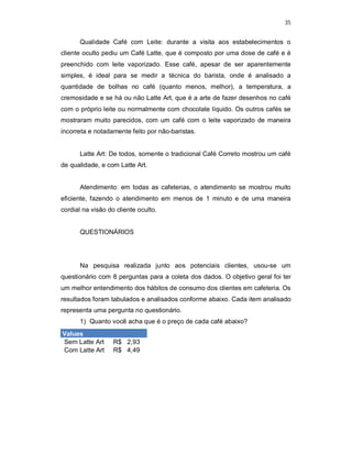 35
Qualidade Café com Leite: durante a visita aos estabelecimentos o
cliente oculto pediu um Café Latte, que é composto por uma dose de café e é
preenchido com leite vaporizado. Esse café, apesar de ser aparentemente
simples, é ideal para se medir a técnica do barista, onde é analisado a
quantidade de bolhas no café (quanto menos, melhor), a temperatura, a
cremosidade e se há ou não Latte Art, que é a arte de fazer desenhos no café
com o próprio leite ou normalmente com chocolate líquido. Os outros cafés se
mostraram muito parecidos, com um café com o leite vaporizado de maneira
incorreta e notadamente feito por não-baristas.
Latte Art: De todos, somente o tradicional Café Correto mostrou um café
de qualidade, e com Latte Art.
Atendimento: em todas as cafeterias, o atendimento se mostrou muito
eficiente, fazendo o atendimento em menos de 1 minuto e de uma maneira
cordial na visão do cliente oculto.
QUESTIONÁRIOS
Na pesquisa realizada junto aos potenciais clientes, usou-se um
questionário com 8 perguntas para a coleta dos dados. O objetivo geral foi ter
um melhor entendimento dos hábitos de consumo dos clientes em cafeteria. Os
resultados foram tabulados e analisados conforme abaixo. Cada item analisado
representa uma pergunta no questionário.
1) Quanto você acha que é o preço de cada café abaixo?
Values
Sem Latte Art R$ 2,93
Com Latte Art R$ 4,49
 