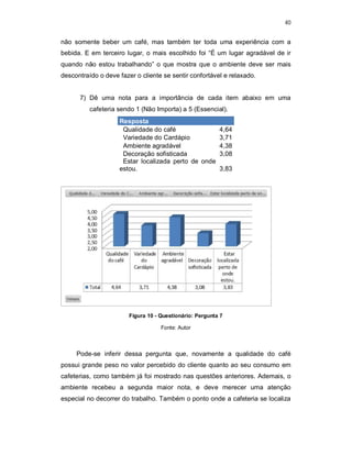 40
não somente beber um café, mas também ter toda uma experiência com a
bebida. E em terceiro lugar, o mais escolhido foi “É um lugar agradável de ir
quando não estou trabalhando” o que mostra que o ambiente deve ser mais
descontraído o deve fazer o cliente se sentir confortável e relaxado.
7) Dê uma nota para a importância de cada item abaixo em uma
cafeteria sendo 1 (Não Importa) a 5 (Essencial).
Resposta
Qualidade do café 4,64
Variedade do Cardápio 3,71
Ambiente agradável 4,38
Decoração sofisticada 3,08
Estar localizada perto de onde
estou. 3,83
Figura 10 - Questionário: Pergunta 7
Fonte: Autor
Pode-se inferir dessa pergunta que, novamente a qualidade do café
possui grande peso no valor percebido do cliente quanto ao seu consumo em
cafeterias, como também já foi mostrado nas questões anteriores. Ademais, o
ambiente recebeu a segunda maior nota, e deve merecer uma atenção
especial no decorrer do trabalho. Também o ponto onde a cafeteria se localiza
 
