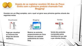 Visualização Blogging
Depois de se registrar recebirá 30 dias de Prova
Grátis com o primeiro produto chamado Fast
Blogging!
Consiste em um Blog completo, com o qual vai gerar seus primeiros ganhos através dos
seguintes meios:
Vendas
Pago por visualizar
os anúncios dos
blogs dos demais
membros.
Mostrar os anúncios
proporcionados por Zona
Network nos espaços
publicitários de nosso
blog.
Venda dos produtos
(comprados pelos
membros de sus rede
e por clientes finais).
 