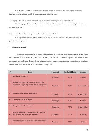 Não. Como o instituto tem autoridade para reger os critérios de seleção para remoção
interna, a influência da gestão é quem garante a estabilidade.
8. A Equipe de Desenvolvimento tem experiência na tecnologia que será utilizada?
Sim. A equipe de desenvolvimento possui experiência acadêmica nas tecnologias que estão
sendo utilizadas.
9. É adequado o número de pessoas da equipe de trabalho?
Não é possível prever este quesito já que não há um histórico de desenvolvimento de
projetos pela equipe.
3.2 Tabela de Riscos
A tabela de riscos contém os riscos identificados no projeto, dispostos em ordem decrescente
de probabilidade e impacto (PRESSMAN,2006). A Tabela 6 identifica para cada risco a sua
categoria, probabilidade de ocorrência e impacto sobre o projeto em caso de concretização do risco.
Foram identificados 20 riscos em diferentes categorias.
Nº Risco Categoria Probabilidade Impacto
1 Iminência de greve
Pessoal 85% Crítico
2 Influência de restrições governamentais
associada à legislação que define o negócio
Negócio 80% Catastrófico
3 Requisitos instáveis do projeto
Negócio 80% Catastrófico
4 Uso de novas tecnologias
Tecnologia 80% Crítico
5 Escopo instável do projeto
Tamanho 75% Catastrófico
6
Alta visibilidade (expectativa) do número
de clientes que usarão o produto Negócio 75% Crítico
7 Não utilização de revisões técnicas formais
Processo 75% Crítico
15
 