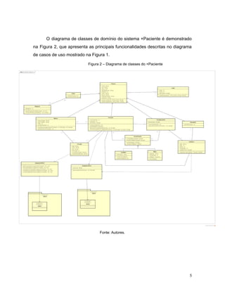 O diagrama de classes de domínio do sistema +Paciente é demonstrado
na Figura 2, que apresenta as principais funcionalidades descritas no diagrama
de casos de uso mostrado na Figura 1.
Figura 2 – Diagrama de classes do +Paciente
Fonte: Autores.
5
 