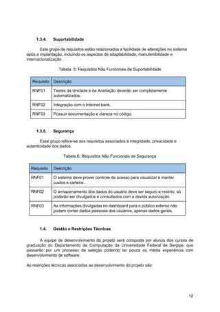 1.3.4. Suportabilidade
Este grupo de requisitos estão relacionados a facilidade de alterações no sistema
após a implantação, incluindo os aspectos de adaptabilidade, manutenibilidade e
internacionalização.
Tabela 5: Requisitos Não Funcionais de Suportabilidade
Requisito Descrição
RNF01 Testes de Unidade e de Aceitação deverão ser completamente
automatizados.
RNF02 Integração com o Internet bank.
RNF03 Possuir documentação e clareza no código.
1.3.5. Segurança
Esse grupo refere-se aos requisitos associados à integridade, privacidade e
autenticidade dos dados.
Tabela 6: Requisitos Não Funcionais de Segurança
Requisito Descrição
RNF01 O sistema deve prover controle de acesso para visualizar e manter
custos e carteira.
RNF02 O armazenamento dos dados do usuário deve ser seguro e restrito, só
poderão ser divulgados e consultados com a devida autorização.
RNF03 As informações divulgadas no dashboard para o público externo não
podem conter dados pessoais dos usuários, apenas dados gerais.
1.4. Gestão e Restrições Técnicas
A equipe de desenvolvimento do projeto será composta por alunos dos cursos de
graduação do Departamento de Computação da Universidade Federal de Sergipe, que
passarão por um processo de seleção podendo ter pouca ou média experiência com
desenvolvimento de software.
As restrições técnicas associadas ao desenvolvimento do projeto são:
12
 