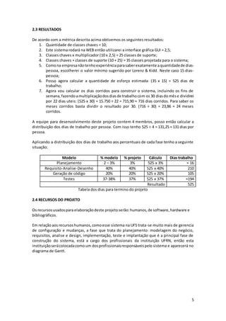 5
2.3 RESULTADOS
De acordo com a métrica descrita acima obtivemos os seguintes resultados:
1. Quantidade de classes chaves = 10;
2. Este sistema rodará na WEB então utilizarei a interface gráfica GUI = 2,5;
3. Classes chaves x multiplicador (10 x 2,5) = 25 classes de suporte;
4. Classes chaves + classes de suporte (10 + 25) = 35 classes projetada para o sistema;
5. Comona empresanãotenhoexperiênciaparasaberexatamente aquantidadede dias-
pessoa, escolherei o valor mínimo sugerido por Lorenz & Kidd. Neste caso 15 dias-
pessoa;
6. Posso agora calcular a quantidade de esforço estimada: (35 x 15) = 525 dias de
trabalho;
7. Agora vou calcular os dias corridos para construir o sistema, incluindo os fins de
semana,fazendoamultiplicaçãodosdiasde trabalhocom os 30 diasdo mêse dividirei
por 22 dias uteis: (525 x 30) = 15.750 ÷ 22 = 715,90 ≈ 716 dias corridos. Para saber os
meses corridos basta dividir o resultado por 30. (716 ÷ 30) = 23,86 ≈ 24 meses
corridos.
A equipe para desenvolvimento deste projeto contem 4 membros, posso então calcular a
distribuição dos dias de trabalho por pessoa. Com isso tenho 525 ÷ 4 = 131,25 ≈ 131 dias por
pessoa.
Aplicando a distribuição dos dias de trabalho aos percentuais de cada fase tenho a seguinte
situação:
Modelo % modelo % projeto Cálculo Dias trabalho
Planejamento 2 – 3% 3% 525 x 3% ≈ 16
Requisito-Analise-Desenho 40% 40% 525 x 40% 210
Geração de código 20% 20% 525 x 20% 105
Testes 37-38% 37% 525 x 37% ≈194
Resultado 525
Tabela dos dias para termino do projeto
2.4 RECURSOS DO PROJETO
Os recursosusadospara elaboraçãodeste projetoserão:humanos,de software,hardware e
bibliográficos.
Em relaçãoaos recursoshumanos,comoesse sistema na UFS trata-se muito mais de gerencia
de configuração e mudanças, a fase que trata do planejamento: modelagem do negócio,
requisitos, analise e design, implementação, teste e implantação que é a principal fase de
construção do sistema, está a cargo dos profissionais da instituição UFRN, então esta
instituiçãoserácolocadacomo um dosprofissionaisresponsáveispelo sistema e aparecerá no
diagrama de Gantt.
 
