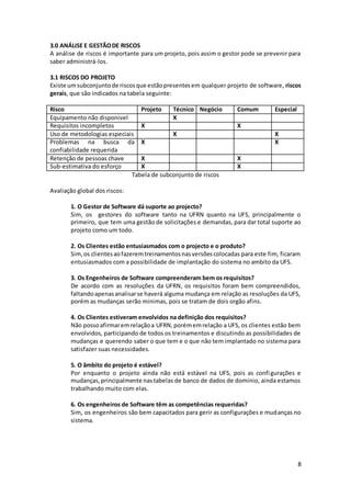 8
3.0 ANÁLISE E GESTÃODE RISCOS
A análise de riscos é importante para um projeto, pois assim o gestor pode se prevenir para
saber administrá-los.
3.1 RISCOS DO PROJETO
Existe umsubconjuntode riscosque estãopresentesem qualquer projeto de software, riscos
gerais, que são indicados na tabela seguinte:
Risco Projeto Técnico Negócio Comum Especial
Equipamento não disponivel X
Requisitos incompletos X X
Uso de metodologias especiais X X
Problemas na busca da
confiabilidade requerida
X X
Retenção de pessoas chave X X
Sub-estimativa do esforço X X
Tabela de subconjunto de riscos
Avaliação global dos riscos:
1. O Gestor de Software dá suporte ao projecto?
Sim, os gestores do software tanto na UFRN quanto na UFS, principalmente o
primeiro, que tem uma gestão de solicitações e demandas, para dar total suporte ao
projeto como um todo.
2. Os Clientes estão entusiasmados com o projecto e o produto?
Sim,os clientesaofazeremtreinamentosnasversõescolocadas para este fim, ficaram
entusiasmados com a possibilidade de implantação do sistema no ambito da UFS.
3. Os Engenheiros de Software compreenderam bem os requisitos?
De acordo com as resoluções da UFRN, os requisitos foram bem compreendidos,
faltandoapenasanalisarse haverá alguma mudança em relação as resoluções da UFS,
porém as mudanças serão minimas, pois se tratam de dois orgão afins.
4. Os Clientes estiveram envolvidos na definição dos requisitos?
Não possoafirmaremrelaçãoa UFRN,porémemrelação a UFS, os clientes estão bem
envolvidos, participando de todos os treinamentos e discutindo as possibilidades de
mudanças e querendo saber o que tem e o que não tem implantado no sistema para
satisfazer suas necessidades.
5. O âmbito do projeto é estável?
Por enquanto o projeto ainda não está estável na UFS, pois as configurações e
mudanças,principalmente nastabelas de banco de dados de dominio, ainda estamos
trabalhando muito com elas.
6. Os engenheiros de Software têm as competências requeridas?
Sim, os engenheiros são bem capacitados para gerir as configurações e mudanças no
sistema.
 