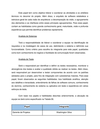 Este papel tem como objetivo liderar e coordenar as atividades e os artefatos
técnicos no decorrer do projeto. Além disso, o arquiteto de software estabelece a
estrutura geral de cada visão de arquitetura: a decomposição da visão, o agrupamento
dos elementos e as interfaces entre esses principais agrupamentos. Para esse papel,
contam as habilidades como grande conhecimento geral, maturidade, visão e profunda
experiência que permita identificar problemas rapidamente.
Analista de Sistemas
Terá a responsabilidade de liderar e coordenar a equipe na identificação de
requisitos e na modelagem de casos de uso, delimitando o sistema e definindo sua
funcionalidade. Como critério para escolha do integrante para este papel, qualidades
como bom conhecimento do negócio e facilidade de comunicação foram observadas.
Analista de Teste
Será o responsável por identificar e definir os testes necessários, monitorar a
abrangência dos testes e avaliar a qualidade obtida ao realizar os testes. Além disso,
será responsável por desenvolver e testar componentes de acordo com os padrões
adotados para o projeto, para fins de integração com subsistemas maiores. Para esse
papel, foram observados as seguintes habilidades: boa habilidade analítica, atenção
aos detalhes e tenacidade, entendimento de falhas de software comuns, conhecimento
do domínio, conhecimento do sistema ou aplicativo em teste e experiência em vários
esforços de teste.
Com base nos papéis e habilidades descritas anteriormente, a alocação da
equipe se dará como especificado na Tabela 08.

Papel
Gerente de Projetos

Integrante
Washington Silva

 