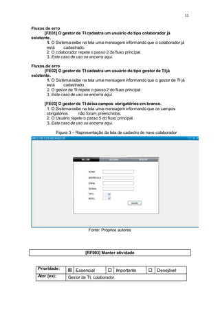 11
Fluxos de erro
[FE01] O gestor de TI cadastra um usuário do tipo colaborador já
existente.
1. O Sistema exibe na tela uma mensagem informando que o colaborador já
está cadastrado.
2. O colaborador repete o passo 2 do fluxo principal.
3. Este caso de uso se encerra aqui.
Fluxos de erro
[FE02] O gestor de TI cadastra um usuário do tipo gestor de TI já
existente.
1. O Sistema exibe na tela uma mensagem informando que o gestor de TI já
está cadastrado.
2. O gestor de TI repete o passo 2 do fluxo principal.
3. Este caso de uso se encerra aqui.
[FE03] O gestor de TI deixa campos obrigatórios em branco.
1. O Sistema exibe na tela uma mensagem informando que os campos
obrigatórios não foram preenchidos.
2. O Usuário repete o passo 5 do fluxo principal.
3. Este caso de uso se encerra aqui.
Figura 3 – Representação da tela de cadastro de novo colaborador
Fonte: Próprios autores
[RF003] Manter atividade
Prioridade: ☒ Essencial ☐ Importante ☐ Desejável
Ator (es): Gestor de TI, colaborador
 