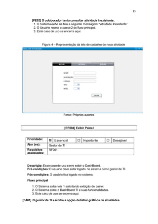 13
[FE02] O colaborador tenta consultar atividade inexistente.
1. O Sistema exibe na tela a seguinte mensagem: “Atividade Inexistente”
2. O Usuário repete o passo 2 do fluxo principal.
3. Este caso de uso se encerra aqui.
Figura 4 – Representação da tela de cadastro de nova atividade
Fonte: Próprios autores
[RF004] Exibir Painel
Prioridade: ☒ Essencial ☐ Importante ☐ Desejável
Ator (es): Gestor de TI
Requisitos
associados:
RF001
Descrição: Esse caso de uso serve exibir o DashBoard.
Pré-condições:O usuário deve estar logado no sistema como gestor de TI.
Pós-condições: O usuário fica logado no sistema.
Fluxo principal
1. O Sistema exibe tela 1 solicitando exibição de painel.
2. O Sistema exibe o DashBoard TI e suas funcionalidades.
3. Este caso de uso se encerra aqui.
[FA01] O gestor de TI escolhe a opção detalhar gráficos de atividades.
 