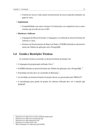 Capítulo 1. Introdução 12
– Controle de Acesso: Cada usuário terá permissões de acesso especíﬁca mediante seu
papel no setor.
• Implantação
– Compatibilidade com outros sistemas: O sistema deve ser compatível com os outros
sistemas que já estão em uso no HU.
• Hardware e Software
– Linguagem de Desenvolvimento: A linguagem a ser utilizada no desenvolvimento do
software é o Java.
– Sistemas de Gerenciamento de Banco de Dados: O SGBD utilizado no desenvolvi-
mento das Tabelas da aplicação será o PostgreSQL.
1.4 Gestão e Restrições Técnicas
As restrições técnicas associadas ao desenvolvimento do projeto são:
• A linguagem de programação utilizada é Java 1.
• O SGBD utilizado no desenvolvimento das Tabelas da aplicação será o PostgreSQL 2.
• O protótipo de telas deve ser construído no Belsamiq 3.
• As atividades do desenvolvimento do projeto devem ser gerenciadas pelo TRELLO 4.
• A metodologia para gestão de projeto de software utilizada deve ser o método ágil
SCRUM5.
1 Disponível em: https://www.oracle.com/br/java/index.html
2 Disponível em: https://www.postgresql.org/
3 Disponível em: https://balsamiq.com/
4 Disponível em: https://trello.com/
5 Mais informações em: https://goo.gl/3A2HA6
 