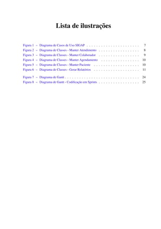Lista de ilustrações
Figura 1 – Diagrama de Casos de Uso SIGAP . . . . . . . . . . . . . . . . . . . . . . 7
Figura 2 – Diagrama de Classes - Manter Atendimento . . . . . . . . . . . . . . . . . 8
Figura 3 – Diagrama de Classes - Manter Colaborador . . . . . . . . . . . . . . . . . 9
Figura 4 – Diagrama de Classes - Manter Agendamento . . . . . . . . . . . . . . . . 10
Figura 5 – Diagrama de Classes - Manter Paciente . . . . . . . . . . . . . . . . . . . 10
Figura 6 – Diagrama de Classes - Gerar Relatórios . . . . . . . . . . . . . . . . . . . 11
Figura 7 – Diagrama de Gantt . . . . . . . . . . . . . . . . . . . . . . . . . . . . . . . 24
Figura 8 – Diagrama de Gantt - Codiﬁcação em Sprints . . . . . . . . . . . . . . . . . 25
 