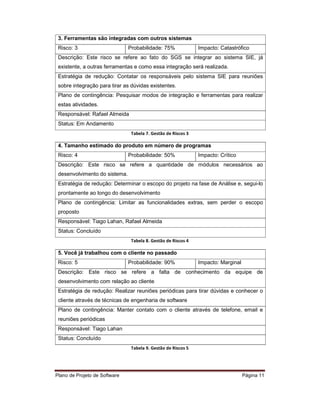 3. Ferramentas são integradas com outros sistemas
 Risco: 3                      Probabilidade: 75%              Impacto: Catastrófico
 Descrição: Este risco se refere ao fato do SGS se integrar ao sistema SIE, já
 existente, a outras ferramentas e como essa integração será realizada.
 Estratégia de redução: Contatar os responsáveis pelo sistema SIE para reuniões
 sobre integração para tirar as dúvidas existentes.
 Plano de contingência: Pesquisar modos de integração e ferramentas para realizar
 estas atividades.
 Responsável: Rafael Almeida
 Status: Em Andamento
                                Tabela 7. Gestão de Riscos 3

 4. Tamanho estimado do produto em número de programas
 Risco: 4                      Probabilidade: 50%              Impacto: Crítico
 Descrição: Este risco se refere a quantidade de módulos necessários ao
 desenvolvimento do sistema.
 Estratégia de redução: Determinar o escopo do projeto na fase de Análise e, segui-lo
 prontamente ao longo do desenvolvimento
 Plano de contingência: Limitar as funcionalidades extras, sem perder o escopo
 proposto
 Responsável: Tiago Lahan, Rafael Almeida
 Status: Concluído
                                Tabela 8. Gestão de Riscos 4

 5. Você já trabalhou com o cliente no passado
 Risco: 5                      Probabilidade: 90%              Impacto: Marginal
 Descrição: Este risco se refere a falta de conhecimento da equipe de
 desenvolvimento com relação ao cliente
 Estratégia de redução: Realizar reuniões periódicas para tirar dúvidas e conhecer o
 cliente através de técnicas de engenharia de software
 Plano de contingência: Manter contato com o cliente através de telefone, email e
 reuniões periódicas
 Responsável: Tiago Lahan
 Status: Concluído
                                Tabela 9. Gestão de Riscos 5




Plano de Projeto de Software                                                       Página 11
 