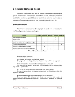 3. ANÁLISE E GESTÃO DE RISCOS

       Esta etapa consiste em uma série de passos que permitem compreender e
gerir as incertezas que podem ocorrer. Dessa forma, quanto aos riscos, precisamos
identificá-los, avaliar sua probabilidade de ocorrência e estimar o seu impacto no
projeto de software para que possamos estar preparados para administrá-los.


3.1 Riscos do Projeto


       Relacionamos os riscos envolvidos no projeto de acordo com a sua categoria.
Na Tabela 3 podemos visualizar esta ligação.


                 Riscos                        Projeto   Técnico    Negócio   Comum    Especial
Requisitos incompletos                            x                             x
Treinamento                                                                     x
Mudança no cronograma para entrega                x        x
Rotatividade da equipe                                                                    x
Mudança da tecnologia adotada                     x        x
Regras de negócio não foram definidas                                  x
                               Tabela 3. Riscos Gerais do Projeto



       Avaliação global dos riscos:

       1. O Gerente de software dá suporte ao projeto?
       Sim, o gerente é um dos participantes diretos no desenvolvimento do projeto

       2. Os clientes estão entusiasmados com o projeto e o produto?
       Sim, eles buscam sempre saber mais informações e ficam no desejo de ver
algo pronto o quanto antes.

        3. A equipe de desenvolvimento compreende bem os requisitos?
        Sim, uma vez que, todos participaram do processo de elicitação e análise dos
requisitos definidos

       4. Os clientes estiveram envolvidos na definição dos requisitos?
       Sim, esta etapa foi realizada com todos os membros da equipe de
desenvolvimento, os clientes da Prefeitura e contou com a presença do mediador
Edson.




Plano de Projeto de Software                                                        Página 8
 