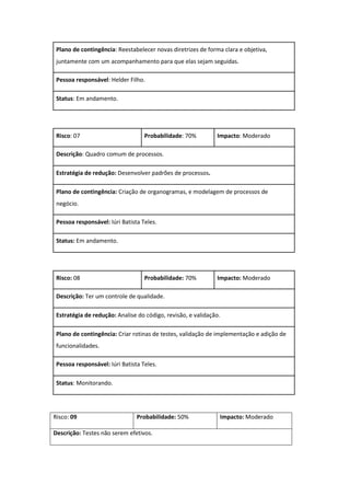Plano de contingência: Reestabelecer novas diretrizes de forma clara e objetiva,
juntamente com um acompanhamento para que elas sejam seguidas.
Pessoa responsável: Helder Filho.
Status: Em andamento.
Risco: 07 Probabilidade: 70% Impacto: Moderado
Descrição: Quadro comum de processos.
Estratégia de redução: Desenvolver padrões de processos.
Plano de contingência: Criação de organogramas, e modelagem de processos de
negócio.
Pessoa responsável: Iúri Batista Teles.
Status: Em andamento.
Risco: 08 Probabilidade: 70% Impacto: Moderado
Descrição: Ter um controle de qualidade.
Estratégia de redução: Analise do código, revisão, e validação.
Plano de contingência: Criar rotinas de testes, validação de implementação e adição de
funcionalidades.
Pessoa responsável: Iúri Batista Teles.
Status: Monitorando.
Risco: 09 Probabilidade: 50% Impacto: Moderado
Descrição: Testes não serem efetivos.
 