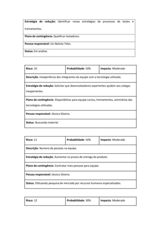 Estratégia de redução: Identificar novas estratégias de processos de testes e
treinamentos.
Plano de contingência: Qualificar testadores.
Pessoa responsável: Iúri Batista Teles.
Status: Em análise.
Risco: 10 Probabilidade: 50% Impacto: Moderado
Descrição: Inexperiência dos integrantes da equipe com a tecnologia utilizada.
Estratégia de redução: Solicitar que desenvolvedores experientes ajudem aos colegas
inexperientes.
Plano de contingência: Disponibilizar para equipe cursos, treinamentos, seminários das
tecnologias utilizadas.
Pessoa responsável: Jéssica Silveira.
Status: Buscando material.
Risco: 11 Probabilidade: 50% Impacto: Moderado
Descrição: Numero de pessoas na equipe.
Estratégia de redução: Aumentar os prazos de entrega do produto.
Plano de contingência: Contratar mais pessoas para equipe.
Pessoa responsável: Jéssica Silveira.
Status: Efetuando pesquisa de mercado por recursos humanos especializados.
Risco: 12 Probabilidade: 30% Impacto: Moderado
 