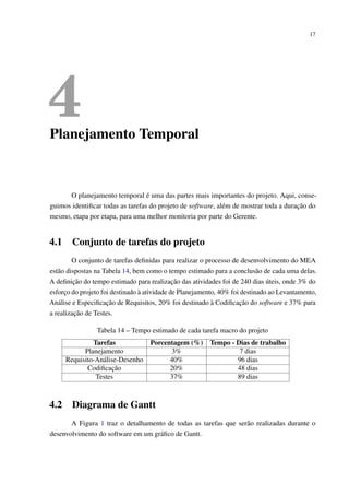 17
4Planejamento Temporal
O planejamento temporal é uma das partes mais importantes do projeto. Aqui, conse-
guimos identiﬁcar todas as tarefas do projeto de software, além de mostrar toda a duração do
mesmo, etapa por etapa, para uma melhor monitoria por parte do Gerente.
4.1 Conjunto de tarefas do projeto
O conjunto de tarefas deﬁnidas para realizar o processo de desenvolvimento do MEA
estão dispostas na Tabela 14, bem como o tempo estimado para a conclusão de cada uma delas.
A deﬁnição do tempo estimado para realização das atividades foi de 240 dias úteis, onde 3% do
esforço do projeto foi destinado à atividade de Planejamento, 40% foi destinado ao Levantamento,
Análise e Especiﬁcação de Requisitos, 20% foi destinado à Codiﬁcação do software e 37% para
a realização de Testes.
Tabela 14 – Tempo estimado de cada tarefa macro do projeto
Tarefas Porcentagem (%) Tempo - Dias de trabalho
Planejamento 3% 7 dias
Requisito-Análise-Desenho 40% 96 dias
Codiﬁcação 20% 48 dias
Testes 37% 89 dias
4.2 Diagrama de Gantt
A Figura 1 traz o detalhamento de todas as tarefas que serão realizadas durante o
desenvolvimento do software em um gráﬁco de Gantt.
 