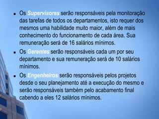 Os Supervisoresserão responsáveis pela monitoração das tarefas de todos os departamentos, isto requer dos mesmos uma habilidade muito maior, além de mais conhecimento do funcionamento de cada área. Sua remuneração será de 16 salários mínimos.Os Gerentesserão responsáveis cada um por seu departamento e sua remuneração será de 10 salários mínimos. Os Engenheiros serão responsáveis pelos projetos desde o seu planejamento até a execução do mesmo e serão responsáveis também pelo acabamento final cabendo a eles 12 salários mínimos. 