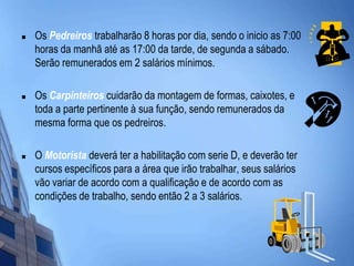 Os Pedreiros trabalharão 8 horas por dia, sendo o inicio as 7:00 horas da manhã até as 17:00 da tarde, de segunda a sábado. Serão remunerados em 2 salários mínimos. Os Carpinteiros cuidarão da montagem de formas, caixotes, e toda a parte pertinente à sua função, sendo remunerados da mesma forma que os pedreiros.  O Motorista deverá ter a habilitação com serie D, e deverão ter cursos específicos para a área que irão trabalhar, seus salários vão variar de acordo com a qualificação e de acordo com as condições de trabalho, sendo então 2 a 3 salários. 