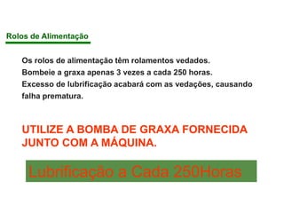 Os rolos de alimentação têm rolamentos vedados.
Bombeie a graxa apenas 3 vezes a cada 250 horas.
Excesso de lubrificação acabará com as vedações, causando
falha prematura.
UTILIZE A BOMBA DE GRAXA FORNECIDA
JUNTO COM A MÁQUINA.
Lubrificação a Cada 250Horas
Rolos de Alimentação
 