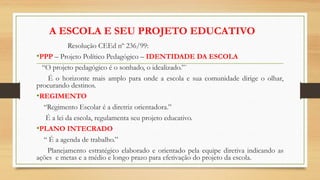 A ESCOLA E SEU PROJETO EDUCATIVO
Resolução CEEd nº 236/99:
•PPP – Projeto Político Pedagógico – IDENTIDADE DA ESCOLA
“O projeto pedagógico é o sonhado, o idealizado.”`
É o horizonte mais amplo para onde a escola e sua comunidade dirige o olhar,
procurando destinos.
•REGIMENTO
“Regimento Escolar é a diretriz orientadora.”
É a lei da escola, regulamenta seu projeto educativo.
•PLANO INTECRADO
“ É a agenda de trabalho.”
Planejamento estratégico elaborado e orientado pela equipe diretiva indicando as
ações e metas e a médio e longo prazo para efetivação do projeto da escola.
 