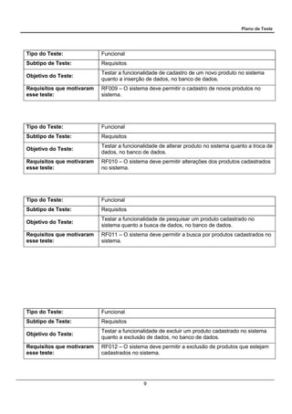 Plano de Teste
9
Tipo do Teste: Funcional
Subtipo de Teste: Requisitos
Objetivo do Teste:
Testar a funcionalidade de cadastro de um novo produto no sistema
quanto a inserção de dados, no banco de dados.
Requisitos que motivaram
esse teste:
RF009 – O sistema deve permitir o cadastro de novos produtos no
sistema.
Tipo do Teste: Funcional
Subtipo de Teste: Requisitos
Objetivo do Teste:
Testar a funcionalidade de alterar produto no sistema quanto a troca de
dados, no banco de dados.
Requisitos que motivaram
esse teste:
RF010 – O sistema deve permitir alterações dos produtos cadastrados
no sistema.
Tipo do Teste: Funcional
Subtipo de Teste: Requisitos
Objetivo do Teste:
Testar a funcionalidade de pesquisar um produto cadastrado no
sistema quanto a busca de dados, no banco de dados.
Requisitos que motivaram
esse teste:
RF011 – O sistema deve permitir a busca por produtos cadastrados no
sistema.
Tipo do Teste: Funcional
Subtipo de Teste: Requisitos
Objetivo do Teste:
Testar a funcionalidade de excluir um produto cadastrado no sistema
quanto a exclusão de dados, no banco de dados.
Requisitos que motivaram
esse teste:
RF012 – O sistema deve permitir a exclusão de produtos que estejam
cadastrados no sistema.
 