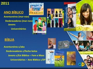 ANO BÍBLICO BÍBLIA Desbravadores (mar-nov) 2011 Aventureiros (mar-nov) Jovens Universitários Desbravadores c/fecho bolsa Aventureiros c/aba Jovens c/Est Bíblico – Fem e Masc Universitários – Ano Bíblico c/EP UNIVERSITÁRIO ANO BÍBLICO ANO BÍBLICO 