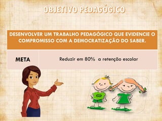 DESENVOLVER UM TRABALHO PEDAGÓGICO QUE EVIDENCIE O
COMPROMISSO COM A DEMOCRATIZAÇÃO DO SABER.

META

Reduzir em 80% a retenção escolar

 