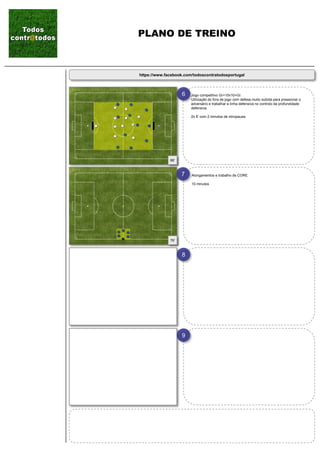 https://www.facebook.com/todoscontratodosportugal
Alongamentos e trabalho de CORE.
10 minutos
Jogo competitivo Gr+10v10+Gr.
Utilização do fora de jogo com defesa muito subida para pressionar o
adversário e trabalhar a linha defensiva no controlo da profundidade
defensiva.
2x 8’ com 2 minutos de miropausa.
7
8
9
6
PLANO DE TREINO
76’
66’
 