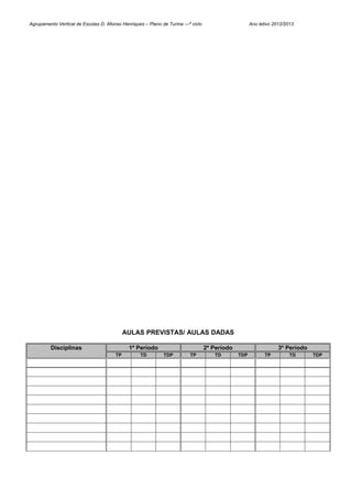 Agrupamento Vertical de Escolas D. Afonso Henriques – Plano de Turma ---º ciclo                      Ano letivo 2012/2013




                                            AULAS PREVISTAS/ AULAS DADAS

         Disciplinas                         1º Período                           2º Período                      3º Período
                                       TP         TD         TDP         TP          TD        TDP         TP          TD      TDP
 