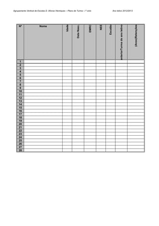 Agrupamento Vertical de Escolas D. Afonso Henriques – Plano de Turma ---º ciclo                     Ano letivo 2012/2013




                                                                Data Nasc.




                                                                                    NEE




                                                                                                                                         (Anos)Retenções
                                                                             EMRC




                                                                                          Escalão
                                                     Idade




                                                                                                           anteriorTurma do ano letivo
     Nº                   Nome




      1
      2
      3
      4
      5
      6
      7
      8
      9
     10
     11
     12
     13
     14
     15
     16
     17
     18
     19
     20
     21
     22
     23
     24
     25
     26
     27
     28
 